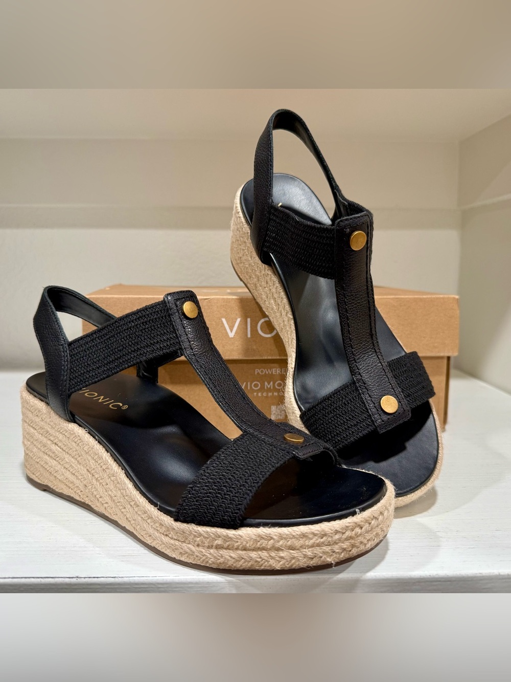 Vionic Black Espadrille T-Strap Wedge Sandals